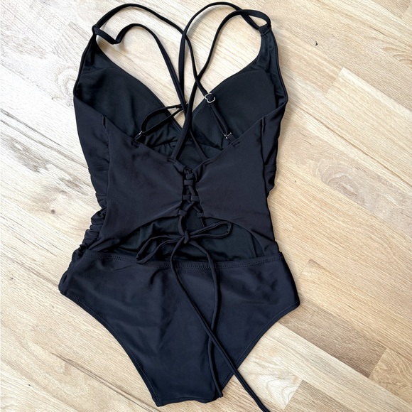 Black NEW one piece tummy control ruched waist swimsuit Size Small corset back 2 - Picture 5 of 5